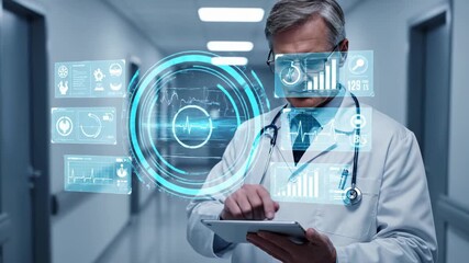 Doctor interacting with futuristic medical interface in hospital for healthcare technology concept - Powered by Adobe