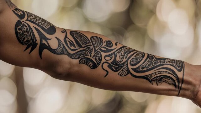 Intricate Tribal Tattoo Design on Arm Set Against a Blurred Bokeh Background