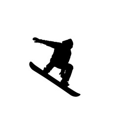 Naklejka premium Silhouette of a snowboarder performing a jump in mid-air.
