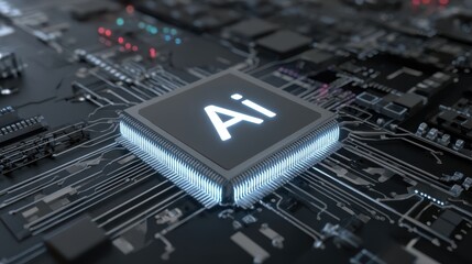 Futuristic Microchip with Ai Technology on a Complex Circuit Board Featuring Glowing Elements and Connectivity Diagram