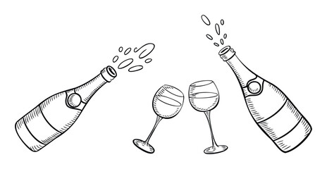 Celebratory popping champagne bottles with overflowing bubbles and clinking wine glasses evoke a festive mood for holiday promotions and event invitations