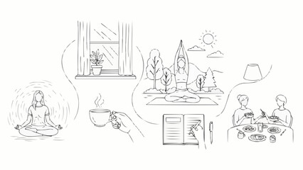 Obraz premium Line art drawing of healthy lifestyle activities and self care.