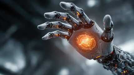 Robotic Hand with Glowing Core Technology, Futuristic Design, Advanced Mechanisms, High-Tech Aesthetic in Science Fiction Theme