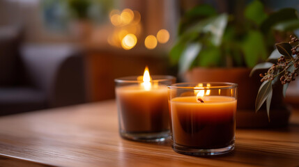 Burning aromatherapy candles creating relaxing atmosphere on wooden table, scented wellness environment, ambient relaxation setting, calming home atmosphere, with copy
