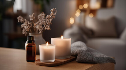 Burning aromatherapy candles creating relaxing atmosphere on wooden table, scented wellness environment, ambient relaxation setting, calming home atmosphere, with copy