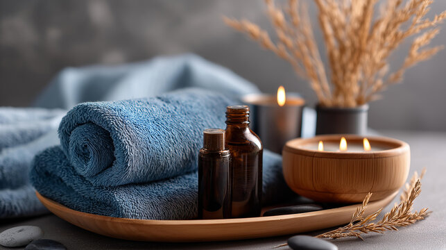Self Care Sunday sign spa composition with blue towels relaxation still life, weekend wellness, spa day setup, pampering arrangement, self-care ritual display, with copy