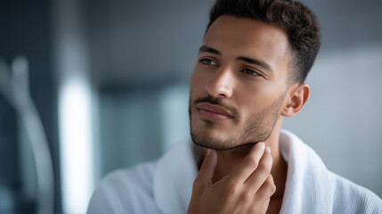 Obraz premium Faceless biracial man touching neck looking in bathroom mirror, male grooming inspection, skincare routine, personal care assessment, defocused person, with copy