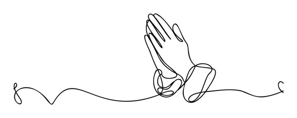 Continuous line drawing of praying hands symbolizing peace, hope, and devotion, perfect for spiritual content, meditation resources, or inspirational graphic designs