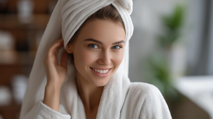 Faceless attractive woman in bathrobe making daily beauty routine at home, beauty treatment and self care concept, personal grooming, defocused person, with copy
