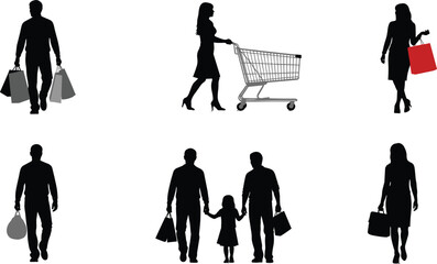 Shopping people silhouettes with bags and cart, retail consumers and family buyers isolated on white background, lifestyle purchasing concept, supermarket, market illustration