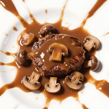 4k high quality Ai generative HD photo realistic background wallpaper food explode explosive beef creamy carbonara alfredo mushroom button plate steak grilled patty hamburg