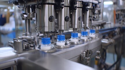 Fototapeta premium Advanced bottle filling machine in industrial production line for beverage manufacturing with blue caps and high-speed automation technology