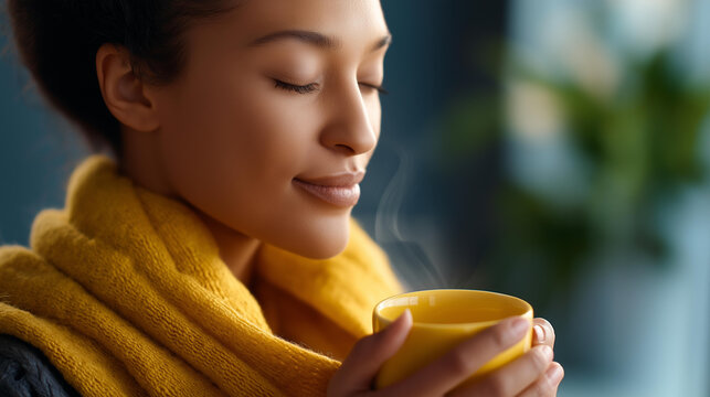 Faceless woman having self care moment with aromatherapy and sounds holding mug of tea, sensory relaxation, mindfulness practice, defocused person, with copy
