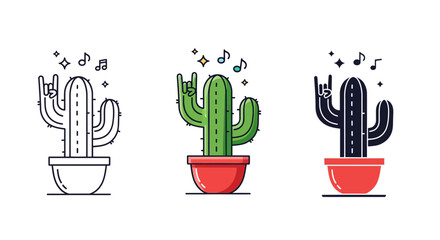 Set of 3 Rock and Roll Cactus Icons Vector