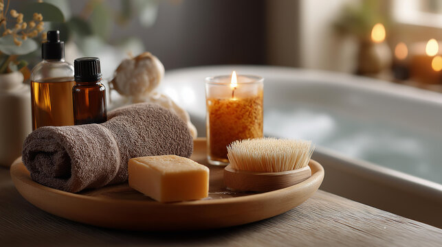 Home spa products on wooden disc tray bar of soap bath bomb aroma bath salt essential and massage oils candle burning rolled towel inside bathroom by tub water running, cozy relaxing concept,