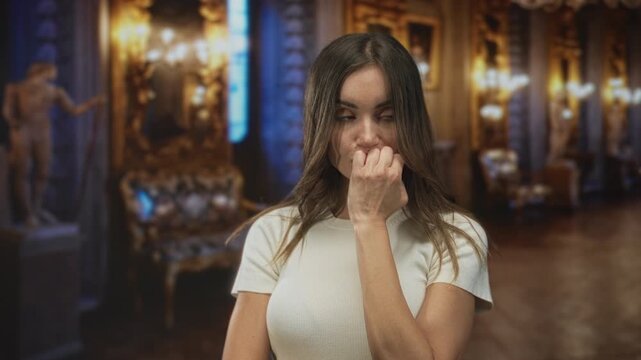 Young hispanic woman biting nails while standing before marble sculpture in grand museum gallery; anxiety.