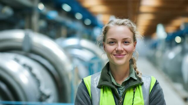 Resilient Industry Professional: An empowered industry worker, radiates confidence and expertise while surveying the expansive production facility.