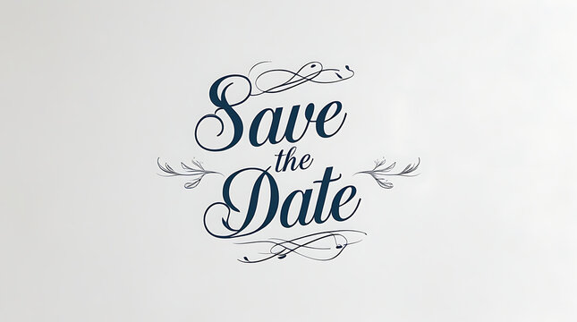 &ldquo;Save the Date&rdquo; layout featuring swirling script and subtle decorative elements, rendered in blue tones on a light surface, 32K Resolution