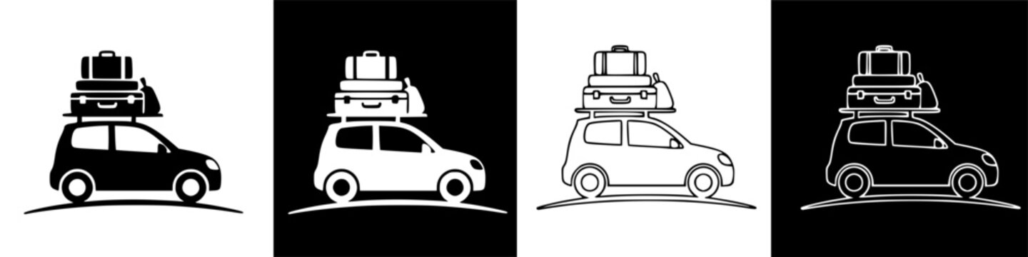 Essential mudik journey by car with stacked luggage: monochrome travel illustration