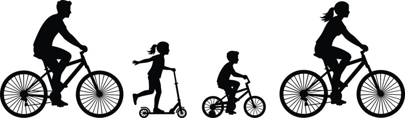Family outdoor activity silhouettes with parents cycling and children riding scooter and bike, black people icons for healthy lifestyle, recreation, transport vector design