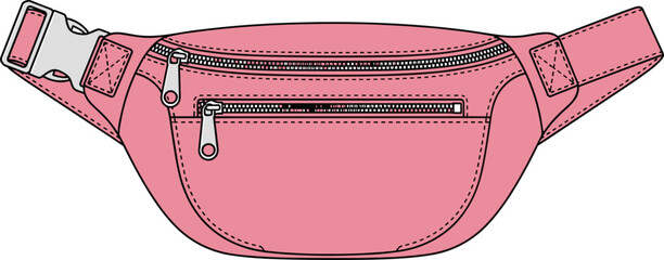 Technical fashion sketch of a pink waist bag fanny pack with zipper pockets and adjustable buckle strap isolated on white background flat vector illustration © MdZahedul