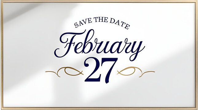 A stylish &ldquo;Save the Date February 27&rdquo; card featuring flowing cursive typography and decorative swirls, 8K image