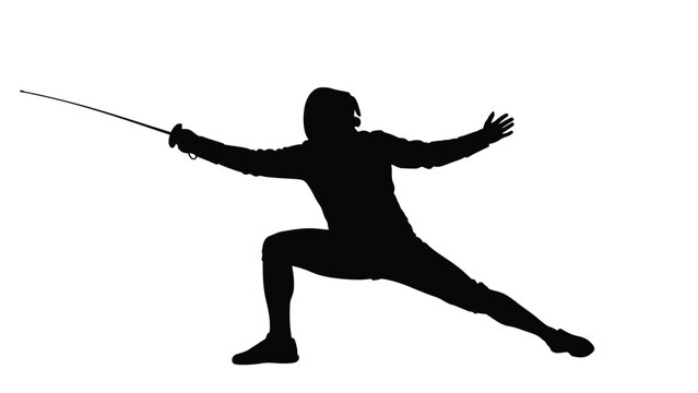A fencer in a dynamic pose with a sword with silhouette and fencing and martial on white background