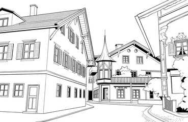 Fototapeta premium 漫画風ペン画イラスト 西洋風_街並