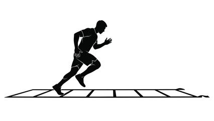 Man running agility ladder with fitness training and sports and athletics on white background