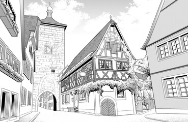 漫画風ペン画イラスト　西洋風_街並