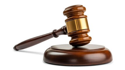 A professional photograph of a wooden judge's gavel and sound block against a pure white background.  (1)