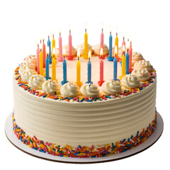 A professional photograph of a round birthday cake with white buttercream frosting on a white round cake board