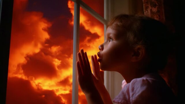 A Child's Awe-Inspiring Moment Captured as She Gazes Out of a Window, Enveloped by a Vibrant Sunset Sky Filled with Fiery Clouds, Captivating the Essence of Wonder and Discovery in the World Outside