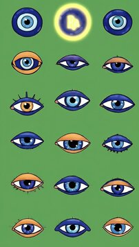 Evil Eye Symbols Motion Graphic Footage Blue Eyes Protective Amulets Green Background