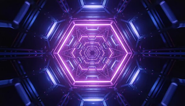 Futuristic neon hexagon tunnel technology sci fi science fiction corridor glow cyberpunk abstract geometry immersive digital light pattern modern design portal symmetry glowing frame background art