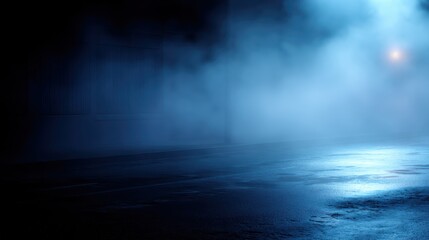 Fototapeta premium Dark empty street studio scene with blue tone neon light wet asphalt and smoke