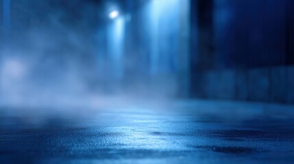 Fototapeta premium Dark empty street studio scene with blue tone neon light wet asphalt and smoke