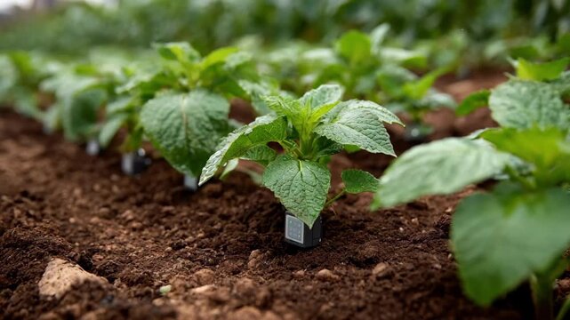 Medium shot of smart sensors embedded in garden soil monitoring plant moisture levels for AIdriven watering alerts