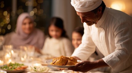 A professional chef serving iftar meal to a European Muslim family during Ramadan, cultural unity and hospitality moment,
