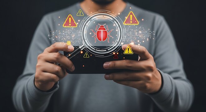 Mobile security threat concept. Magnifying glass highlighting a malware bug icon and surrounded by warning symbols. Cyber risk detection, smartphone protection, data safety - Powered by Adobe