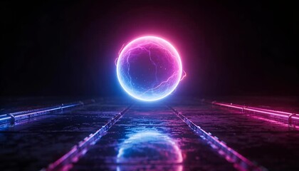Technology sci fi science fiction neon sphere glow electric orb over wet metal floor dark room futuristic lighting cyberpunk style abstract energy ball fantasy mood with neon sphere glowing orb sci - Powered by Adobe