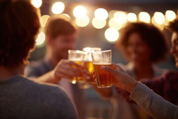 Group of friends drinking beer together on terrace at summer night happy social moment lifestyle stock photo