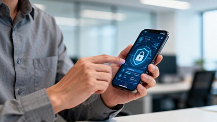 Person using smartphone with security app