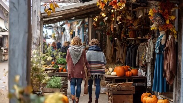Shoppers in cozy fall clothing leaving seasonal sweaters and scarves for cleaning outside a rustic autumnthemed laundry shop.