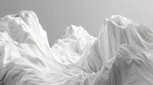 Sculpted white fabric forming majestic mountain peaks on a soft gray background viewed from a low angle