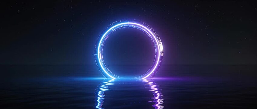 Futuristic technology sci fi science fiction neon circle glowing ring portal above calm ocean water under starry night sky reflection surreal landscape mysterious mood atmosphere