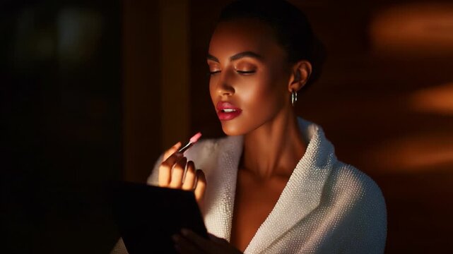 A graceful woman applying makeup in a soft, warm-lit environment. Her focus on enhancing her beauty is evident as she prepares herself with an elegant makeup look, embodying confidence and poise.
