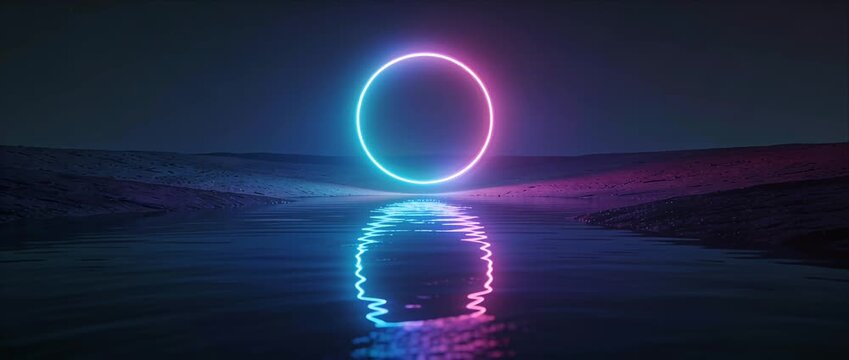 Neon circle glowing ring futuristic light sci fi landscape night horizon water reflection digital art abstract background fantasy scene surreal design technology science fiction mood portal over dark