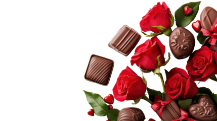 Romantic valentine's day bouquet with chocolates on transparent background