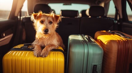 Cute scruffy terrier dog sitting on colorful suitcases in car trunk, ready for summer road trip. Concept of pet travel, family vacations and adventure